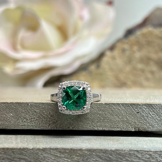 Cushion Cut Emerald And Genuine Diamond Halo Engagement Ring, 14k Gold Emerald And Moissanite Wedding Ring, Ladies May Birthstone Ring  5459