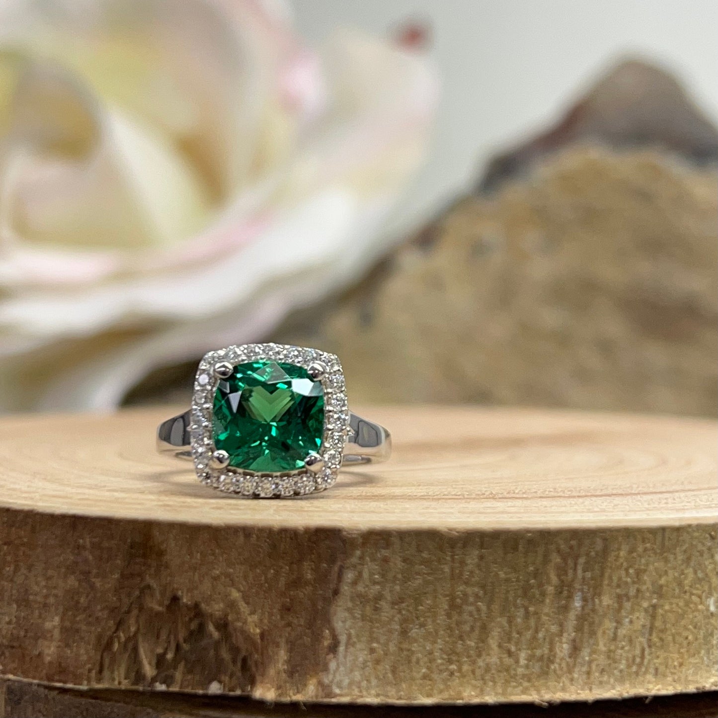 Cushion Cut Emerald And Genuine Diamond Halo Engagement Ring, 14k Gold Emerald And Moissanite Wedding Ring, Ladies May Birthstone Ring  5459