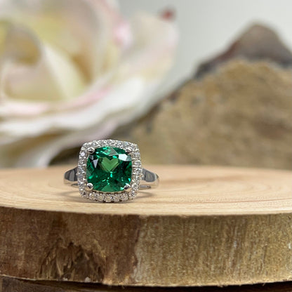 Cushion Cut Emerald And Genuine Diamond Halo Engagement Ring, 14k Gold Emerald And Moissanite Wedding Ring, Ladies May Birthstone Ring  5459