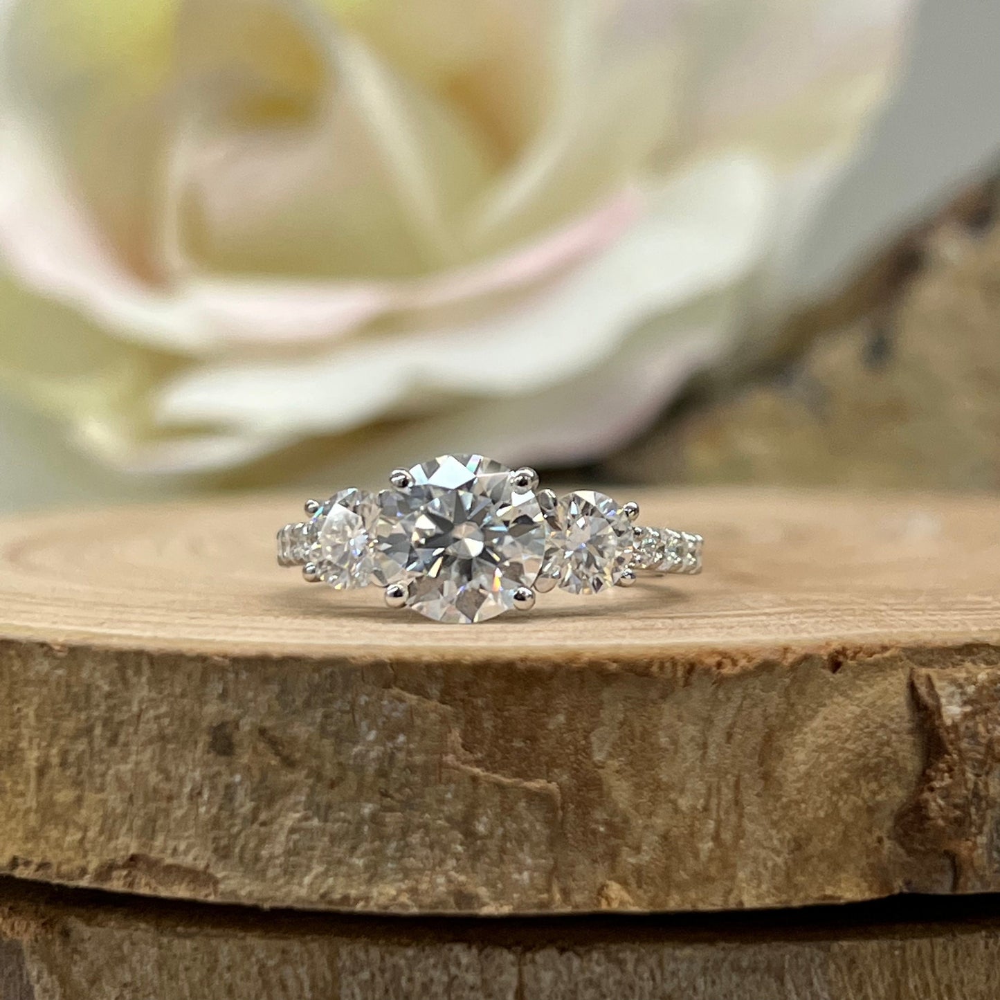 Moissanite Engagement Ring Three Stone Round 14K Solid White Gold For Women, Vintage Unique Engagement Ring, Simple Three Stone Ring,  #6659