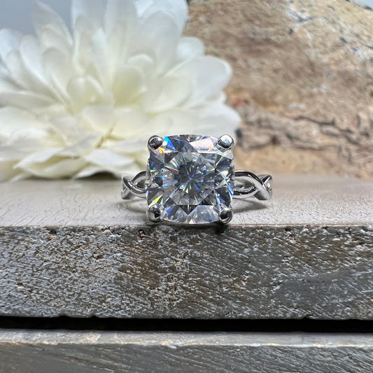 Moissanite Engagement Ring For Women 14K Solid White Gold Twist Band, Cushion Cut Moissanite Forever One Solitaire Engagement Rings,  #6746