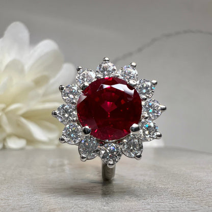 Ruby Halo Engagement Ring White Gold Round Ruby Moissanite Halo Engagement Rings Vintage Ruby Promise Anniversary Wedding Ladies Ring  #7348