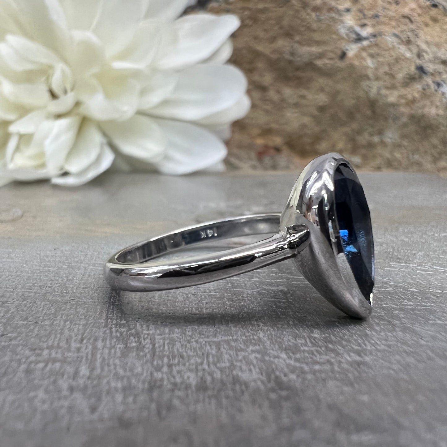 Pear Shaped Blue Sapphire Engagement RING 14K White Gold Pear Shape Bezel Set Blue Sapphire Solitaire Wedding Anniversary Promise Ring #7328