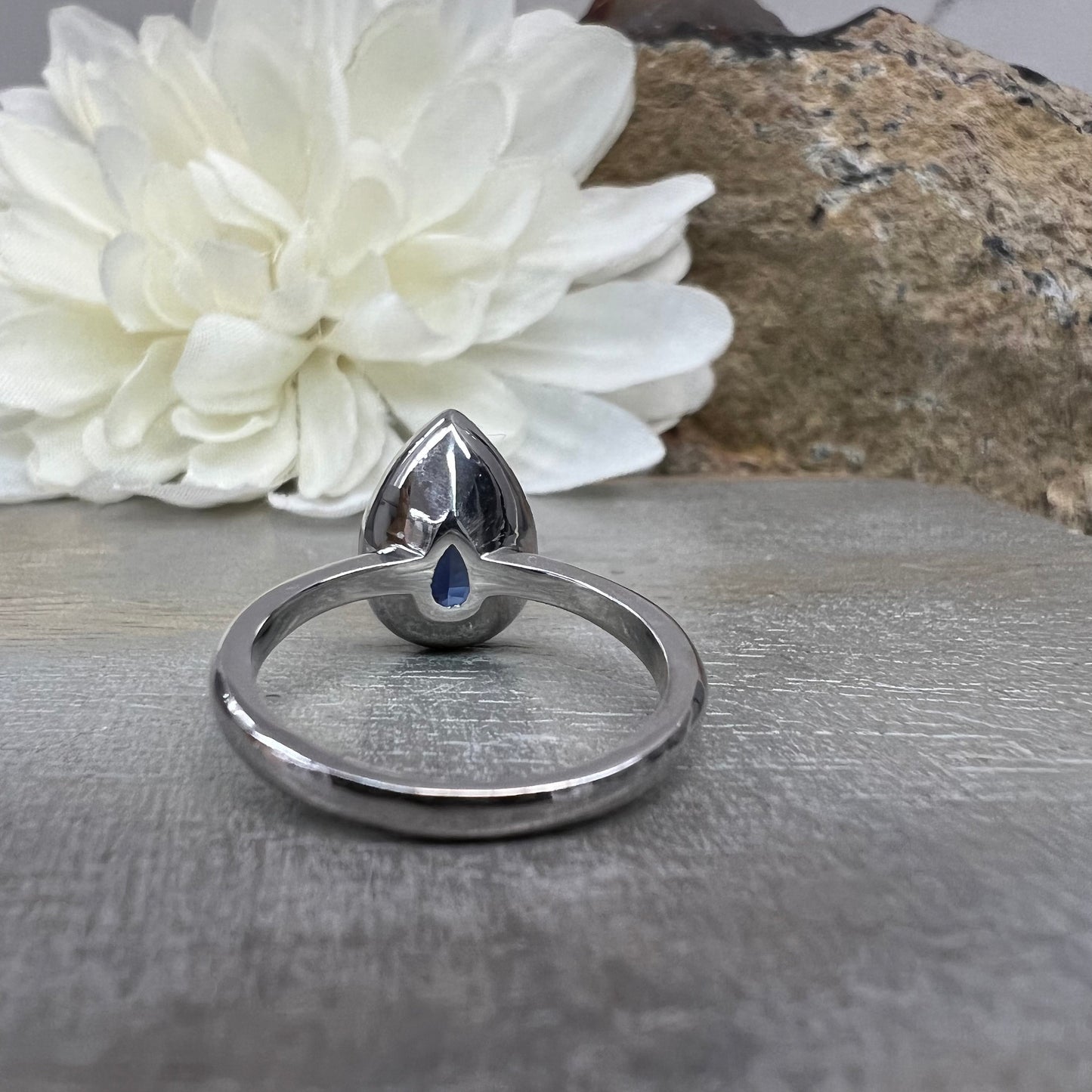 Pear Shaped Blue Sapphire Engagement RING 14K White Gold Pear Shape Bezel Set Blue Sapphire Solitaire Wedding Anniversary Promise Ring #7328