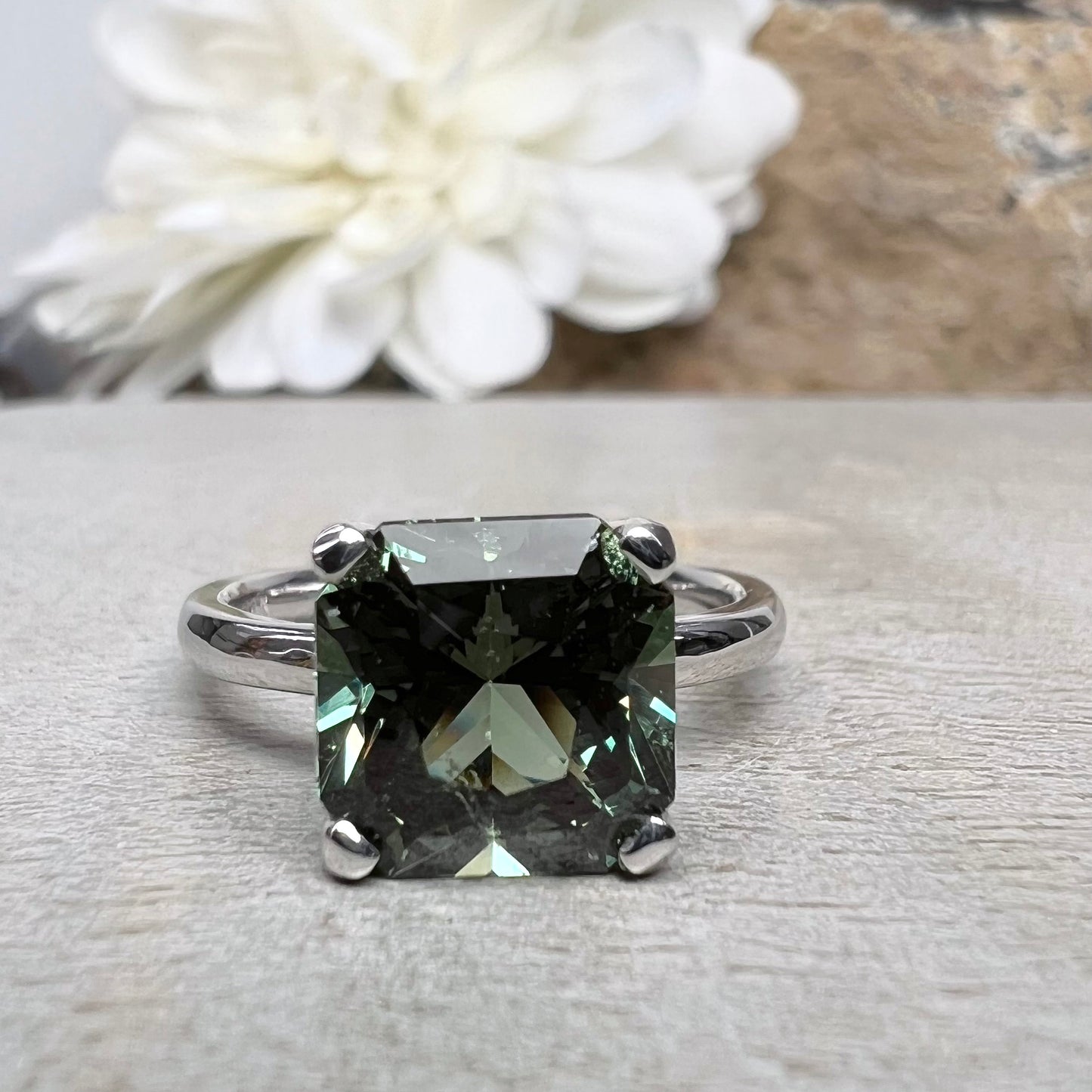 Olive Green Sapphire Engagement Ring 14k White Gold Radiant Cut Olive Green Sapphire Engagement Ring Radiant Shaped Sapphire Solitaire #7332