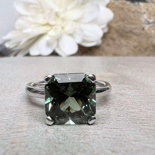 Olive Green Sapphire Engagement Ring 14k White Gold Radiant Cut Olive Green Sapphire Engagement Ring Radiant Shaped Sapphire Solitaire #7332
