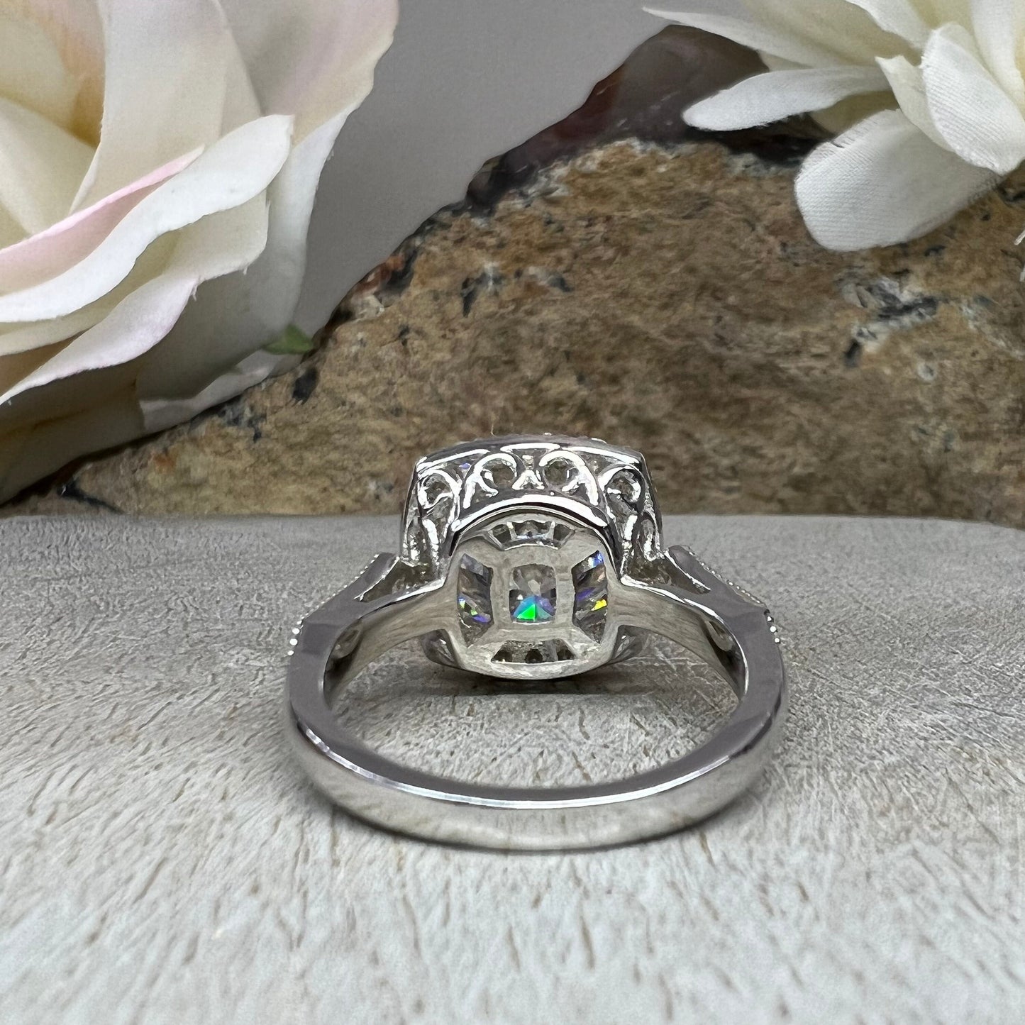 Moissanite Engagement Ring 14k White Gold , Cushion Cut Moissanite Promise Ring For Her , Unique Vintage Halo Anniversary Bridal Ring  #7333