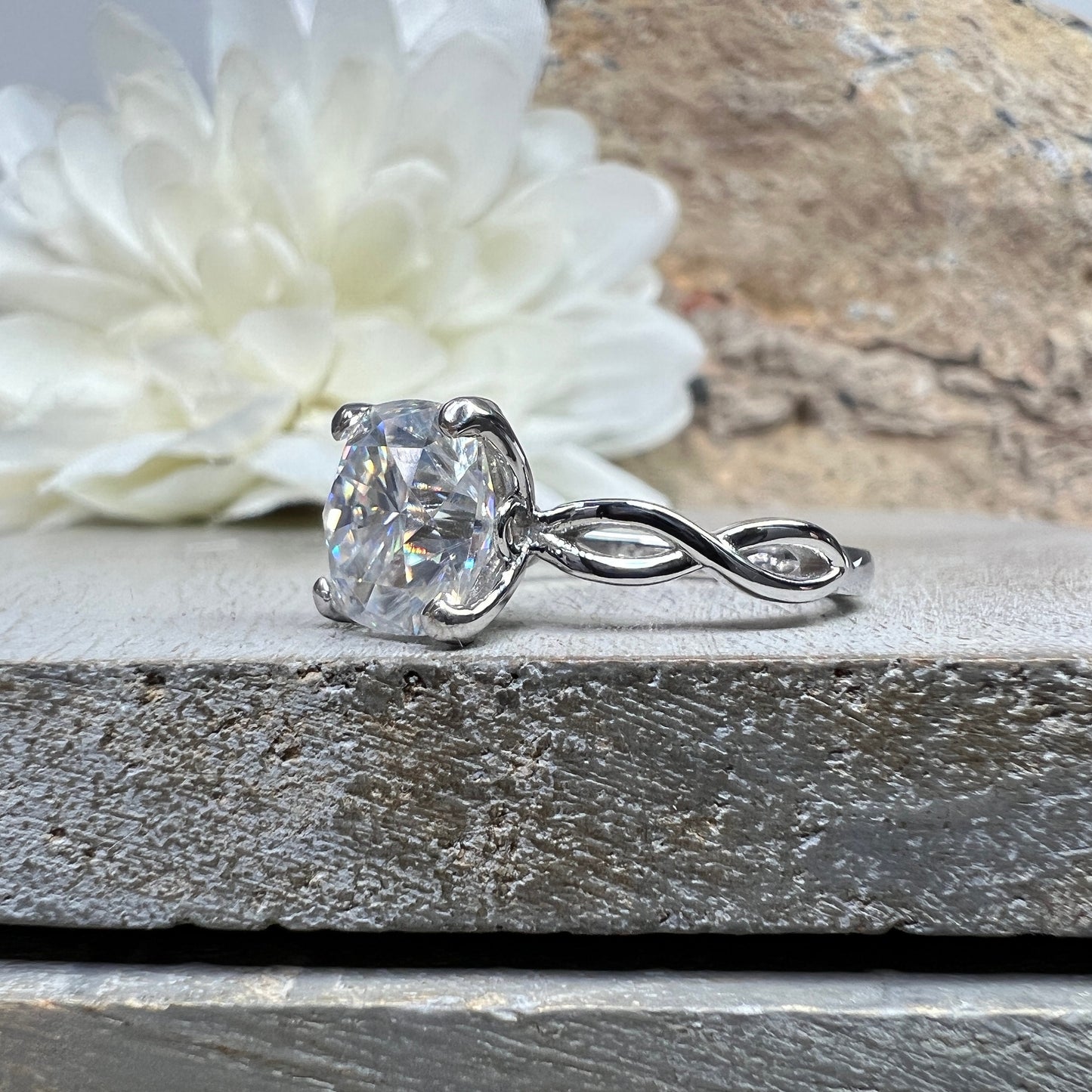 Moissanite Engagement Ring For Women 14K Solid White Gold Twist Band, Cushion Cut Moissanite Forever One Solitaire Engagement Rings,  #6746