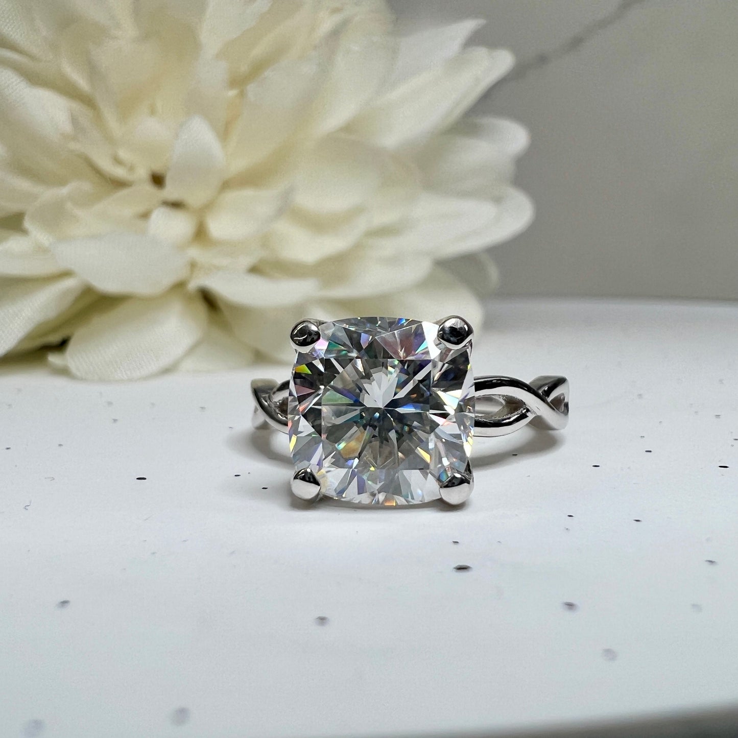 Moissanite Engagement Ring For Women 14K Solid White Gold Twist Band, Cushion Cut Moissanite Forever One Solitaire Engagement Rings,  #6746