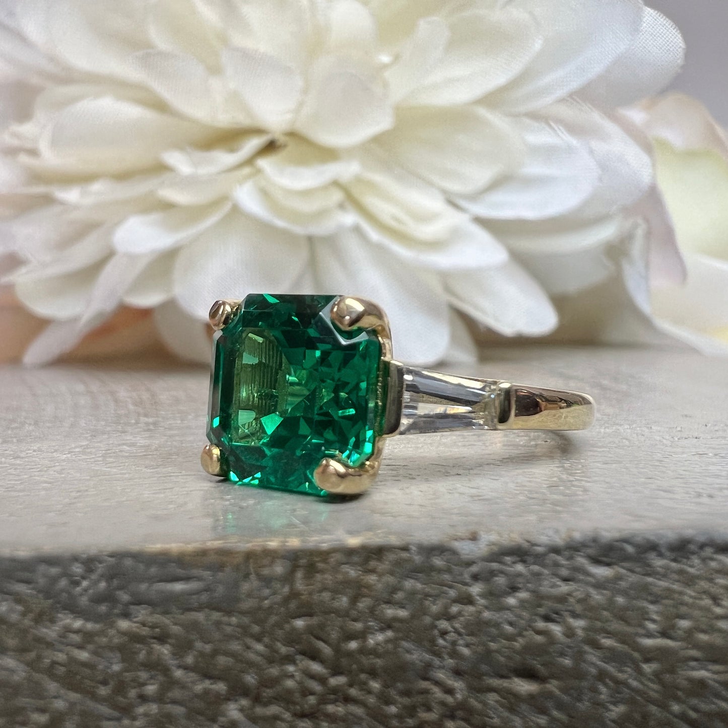 Emerald Engagement Rings Women, Solid White Gold Vintage Three Stone Asscher Cut Emerald Wedding Ring, Unique Gemstone Engagement Ring #6857