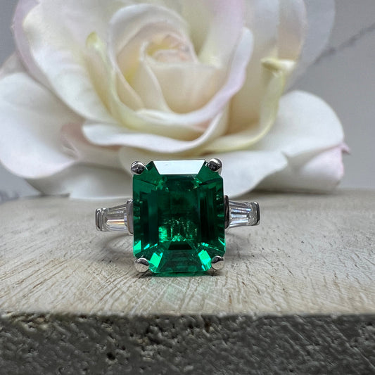 Emerald Cut Emerald Engagement Ring Moissanite Baguettes 14K White Gold  Emerald Green Emerald Cut Engagement Rings Unique Wedding Ring 7363