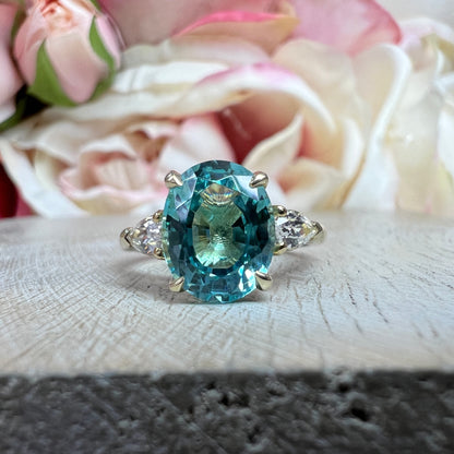 Oval Engagement Ring / Neon Blue Paraiba Ring / White Sapphire Pear Shape Ring / Unique Ring / 14k Yellow Gold  #6486