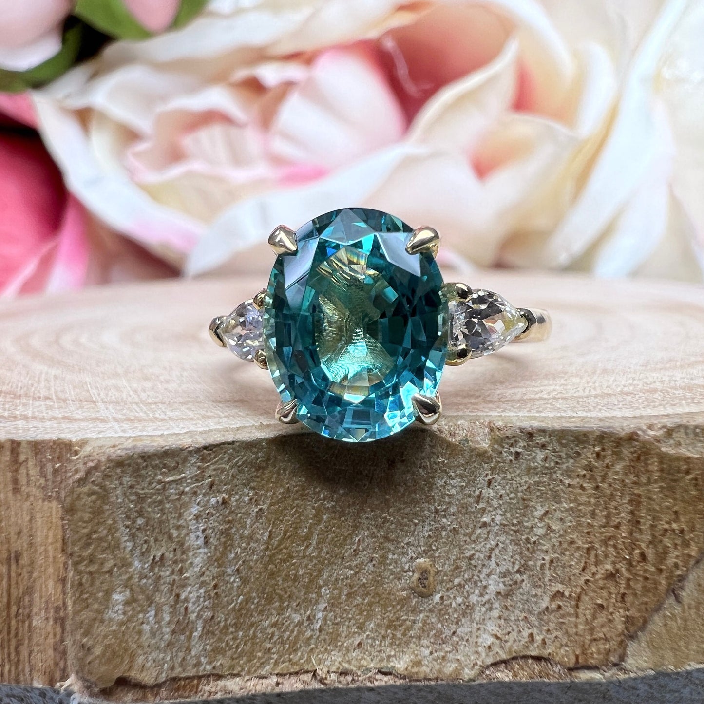 Oval Engagement Ring / Neon Blue Paraiba Ring / White Sapphire Pear Shape Ring / Unique Ring / 14k Yellow Gold  #6486