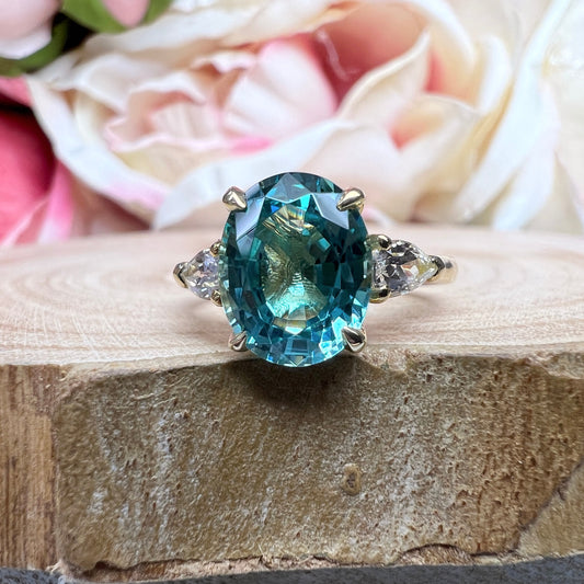 Oval Engagement Ring / Neon Blue Paraiba Ring / White Sapphire Pear Shape Ring / Unique Ring / 14k Yellow Gold  #6486
