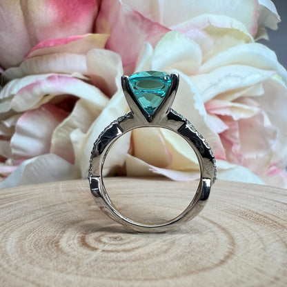 Cushion Cut Paraiba Tourmaline Engagement Ring White Gold Infinity Diamond Band Paraiba Ring Unique Elongated Cushion Cut Paraiba Ring #6369
