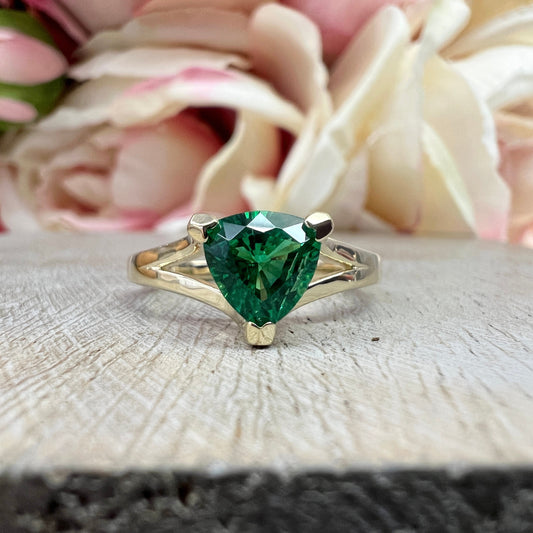 Emerald Triangle Ring 14k Yellow Gold, Trillion Cut Emerald Engagement Ring For Ladies, Unique Triangle Ring, Triangle Stacking Ring, #5843