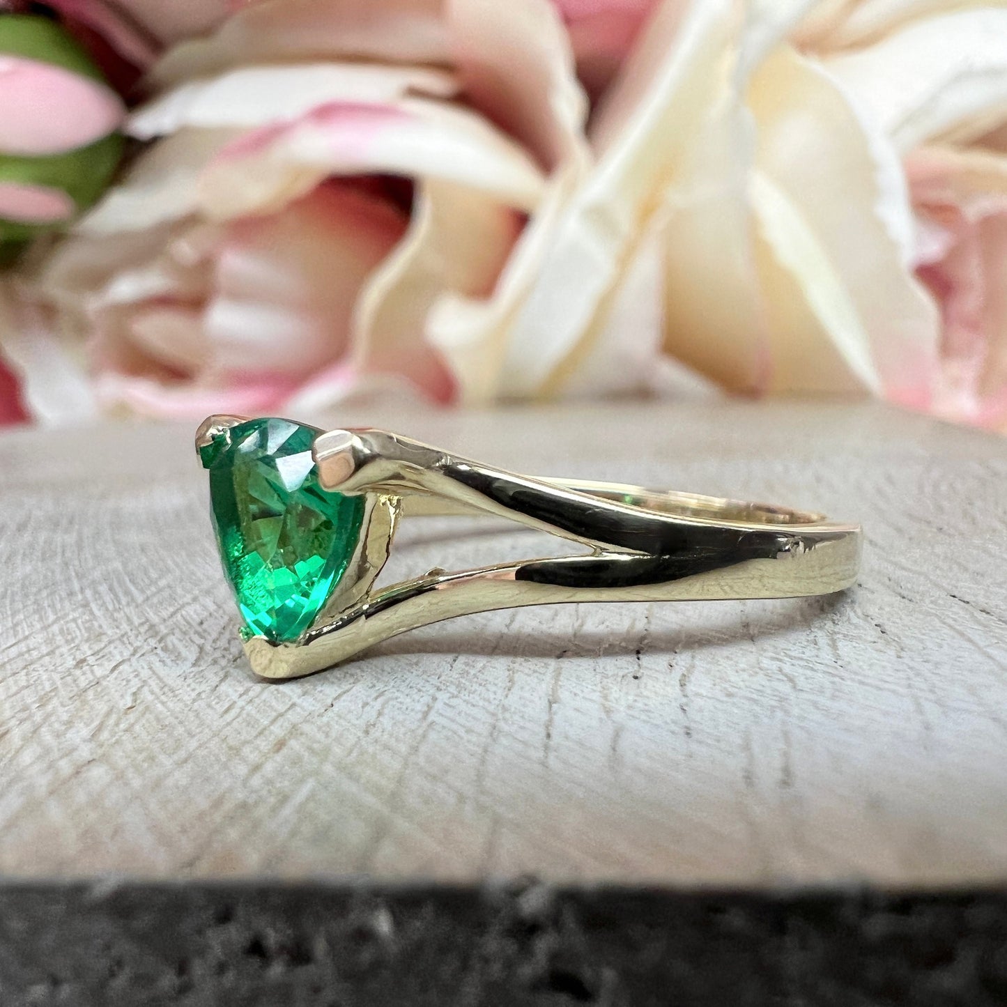 Emerald Triangle Ring 14k Yellow Gold, Trillion Cut Emerald Engagement Ring For Ladies, Unique Triangle Ring, Triangle Stacking Ring, #5843