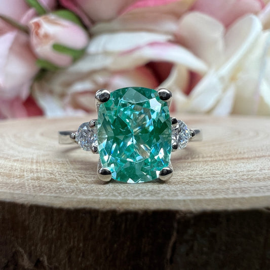 Elongated Cushion Green Paraiba Tourmaline Engagement Ring White Gold Paraiba Moissanite Engagement Ring Unique Vintage Wedding Ring #7371