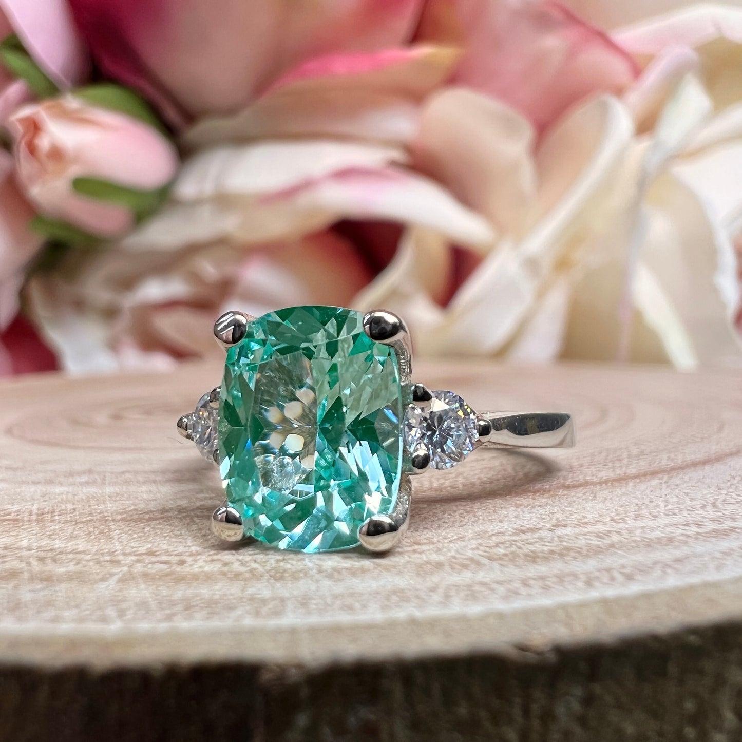 Elongated Cushion Green Paraiba Tourmaline Engagement Ring White Gold Paraiba Moissanite Engagement Ring Unique Vintage Wedding Ring #7371
