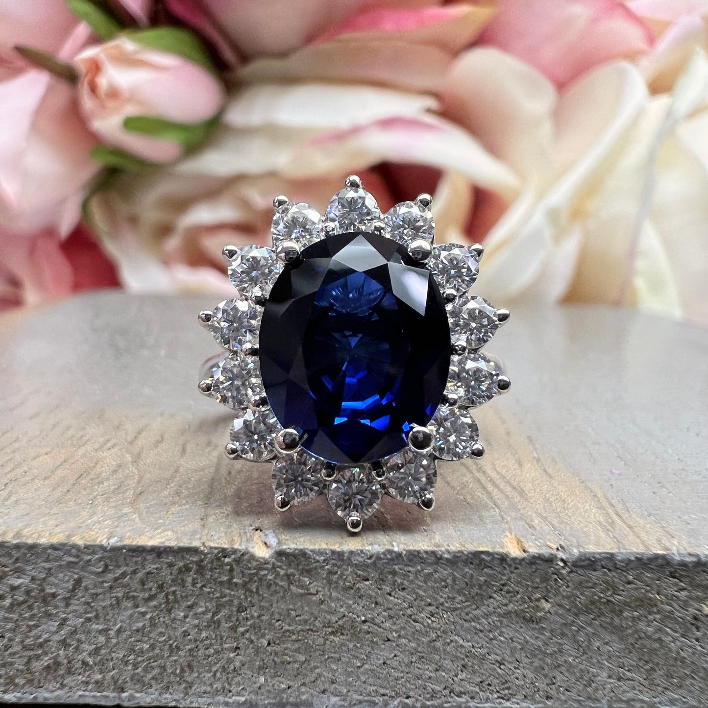 Moissanite Halo Ring, Oval Blue Sapphire Engagement Ring, Blue Sapphire and Moissanite Ring, 14k Gold Ladies Ring, Birthstone Ring, #6248