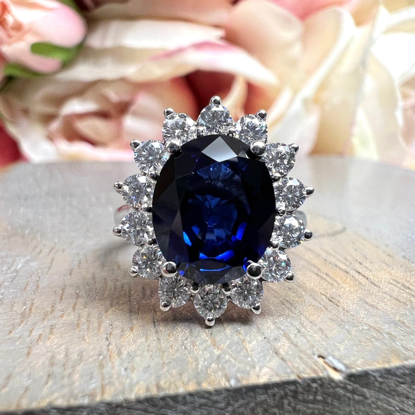 Moissanite Halo Ring, Oval Blue Sapphire Engagement Ring, Blue Sapphire and Moissanite Ring, 14k Gold Ladies Ring, Birthstone Ring, #6248