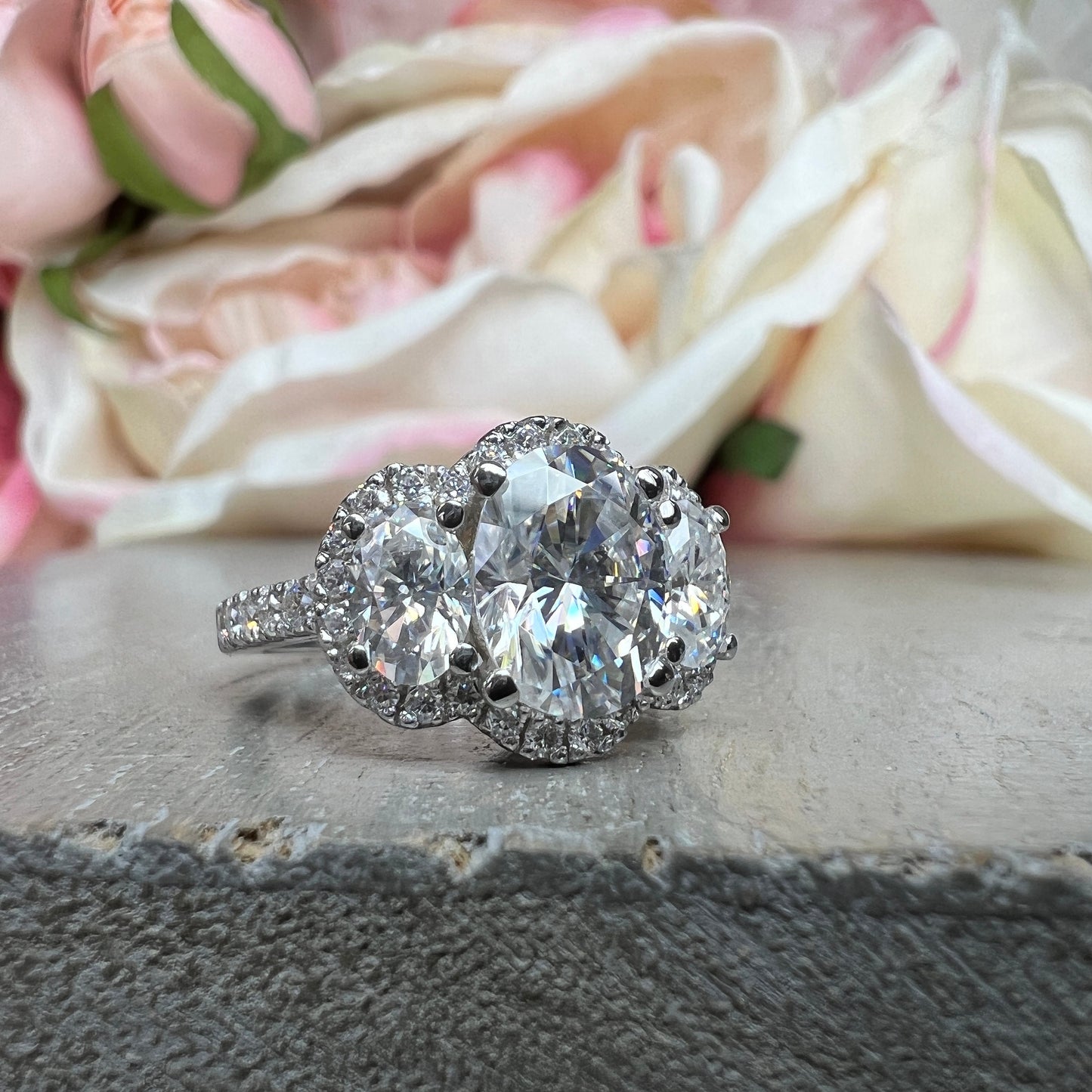 Oval Moissanite Engagement Ring White Gold Three Stone Oval Halo Moissanite Engagement Unique Vintage Wedding Promise Anniversary Ring #7372