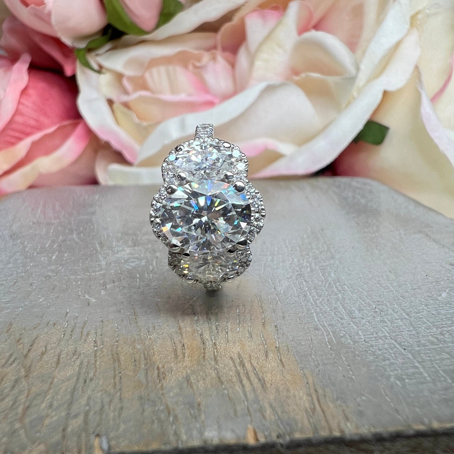 Oval Moissanite Engagement Ring White Gold Three Stone Oval Halo Moissanite Engagement Unique Vintage Wedding Promise Anniversary Ring #7372