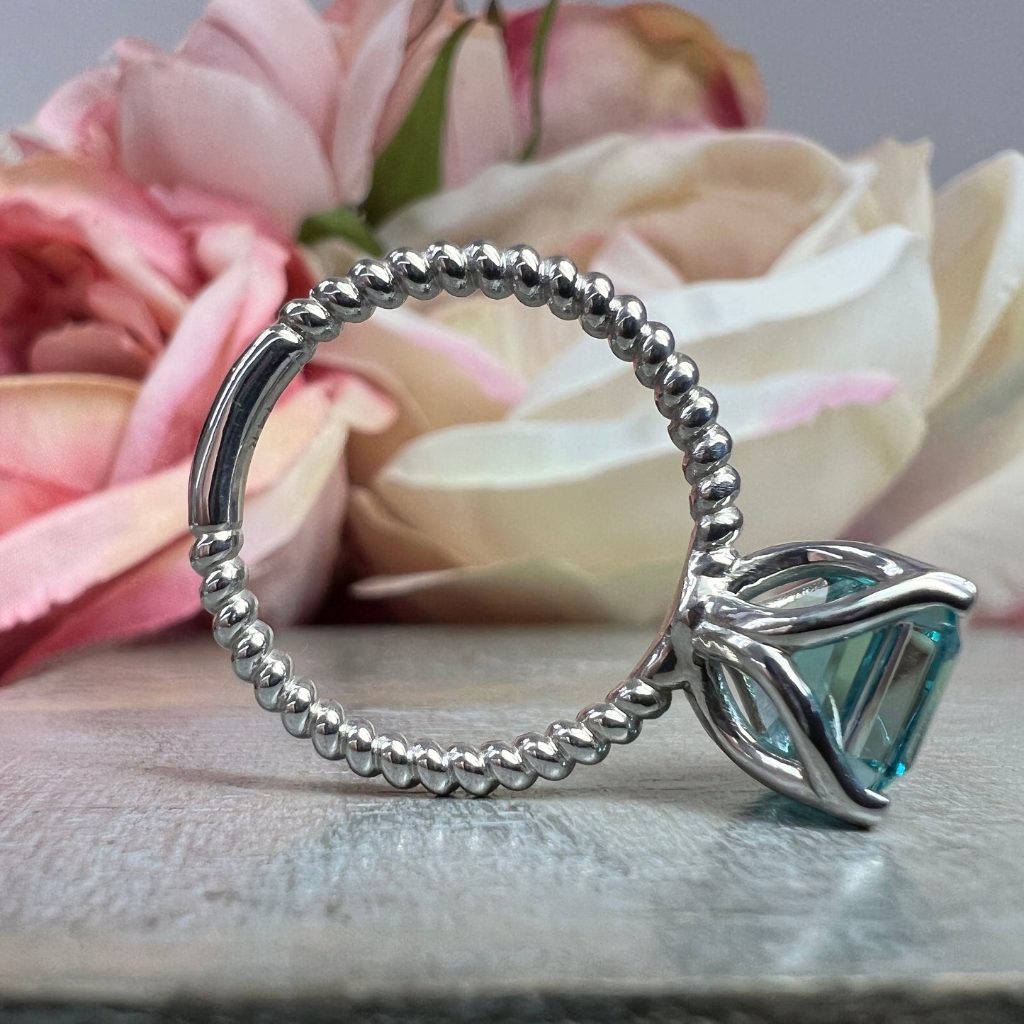 Neon Blue Asscher Cut Paraiba Tourmaline Engagement Ring White Gold Twist Band Solitaire Engagement Rings Unique Wedding Promise Ring  #6129