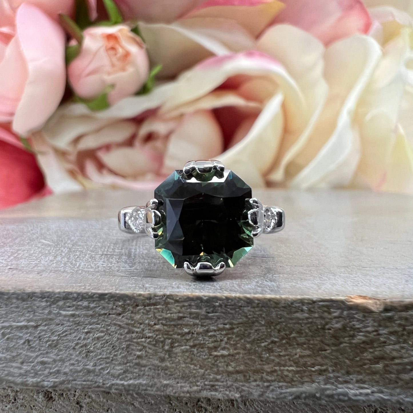 Radiant Cut Olive Green Sapphire 14k Solid White Gold Unique Olive Green Sapphire Promise Wedding Bridal Engagement Ring Gift For Her #7374