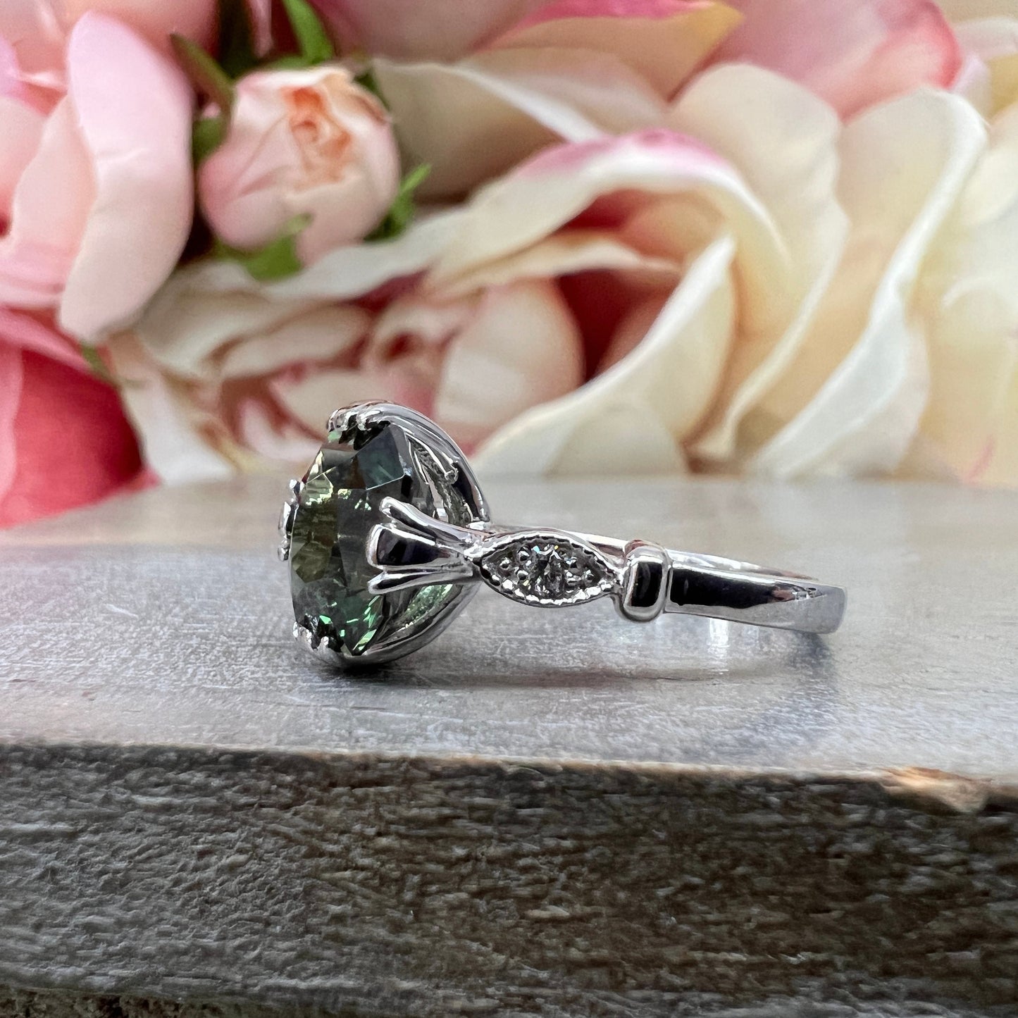 Radiant Cut Olive Green Sapphire 14k Solid White Gold Unique Olive Green Sapphire Promise Wedding Bridal Engagement Ring Gift For Her #7374