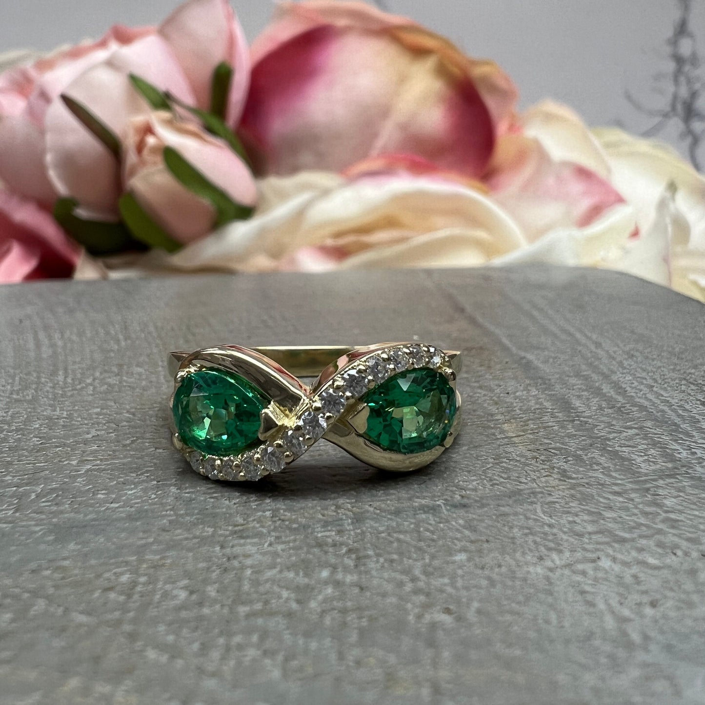 Pear Shaped Emerald Toi Et Moi Engagement Ring Yellow Gold Unique Infinity Design Pear Shape Emerald Wedding Anniversary Promise Ring #7375