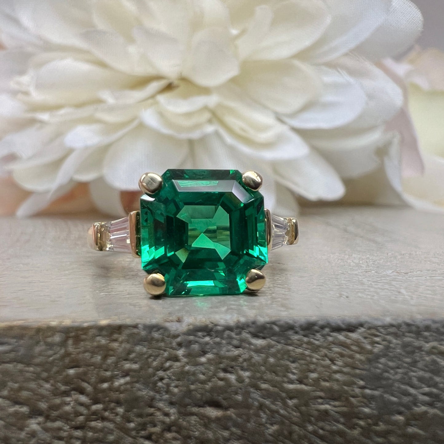 Emerald Engagement Rings Women, Solid White Gold Vintage Three Stone Asscher Cut Emerald Wedding Ring, Unique Gemstone Engagement Ring #6857