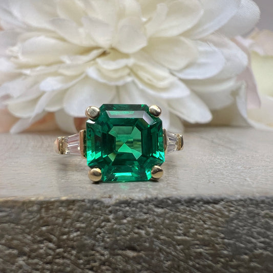 Emerald Engagement Rings Women, Solid White Gold Vintage Three Stone Asscher Cut Emerald Wedding Ring, Unique Gemstone Engagement Ring #6857