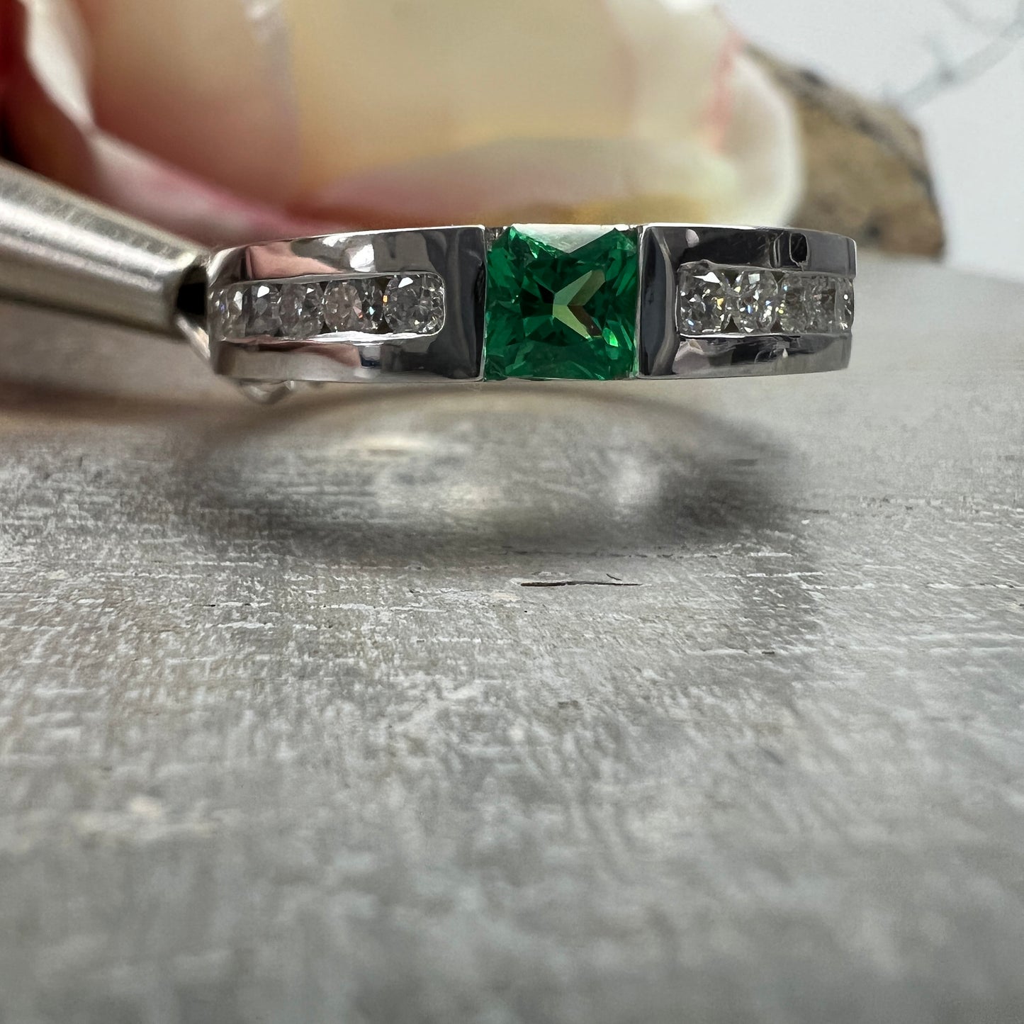 Mens Emerald and Moissanite Wedding Band White Gold Classic Mans Wedding Band Comfort Fit Mens Wedding Band White Gold Promise Ring   #7184