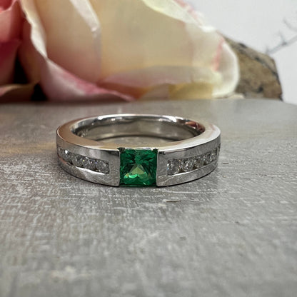 Mens Emerald and Moissanite Wedding Band White Gold Classic Mans Wedding Band Comfort Fit Mens Wedding Band White Gold Promise Ring   #7184