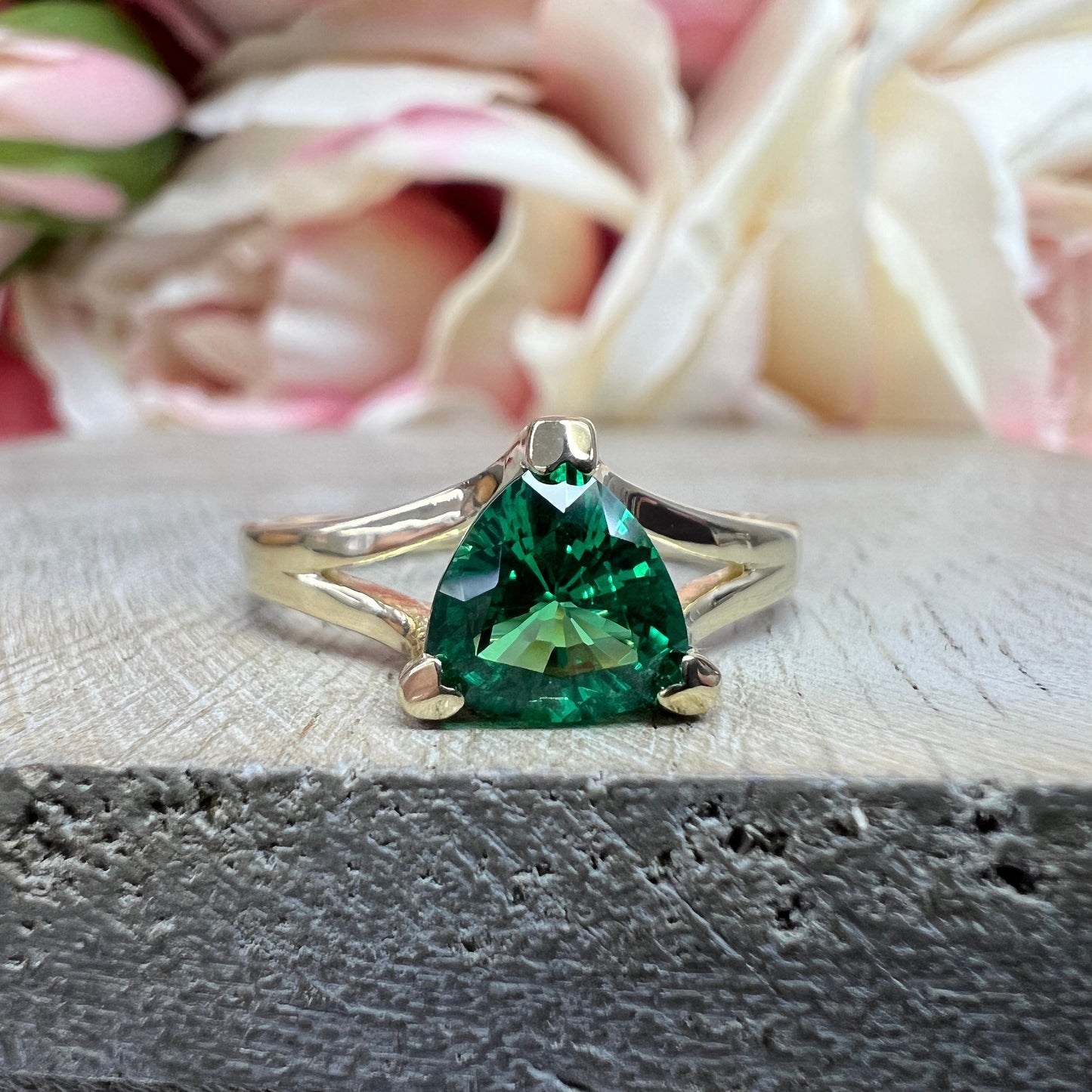 Emerald Triangle Ring 14k Yellow Gold, Trillion Cut Emerald Engagement Ring For Ladies, Unique Triangle Ring, Triangle Stacking Ring, #5843