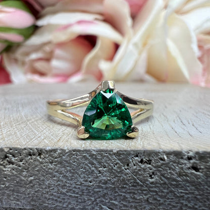 Emerald Triangle Ring 14k Yellow Gold, Trillion Cut Emerald Engagement Ring For Ladies, Unique Triangle Ring, Triangle Stacking Ring, #5843