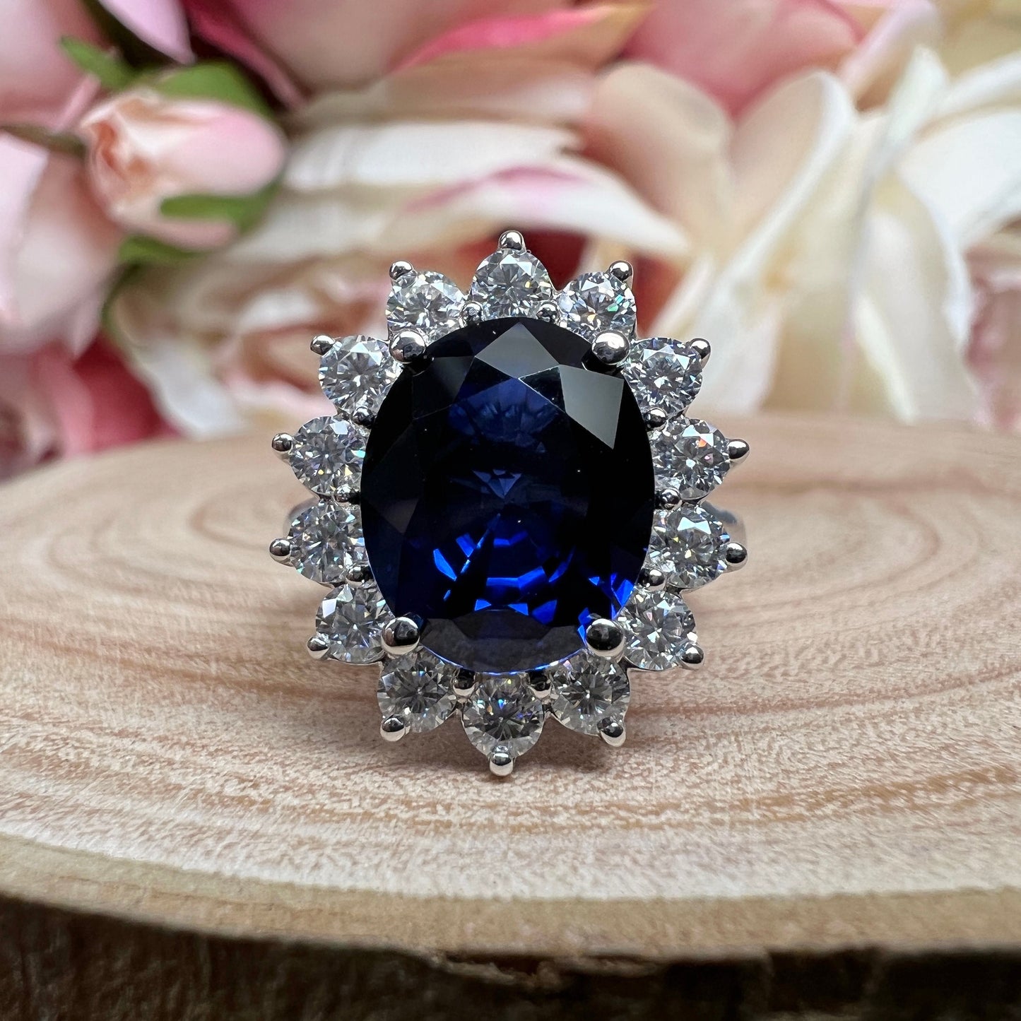 Moissanite Halo Ring, Oval Blue Sapphire Engagement Ring, Blue Sapphire and Moissanite Ring, 14k Gold Ladies Ring, Birthstone Ring, #6248