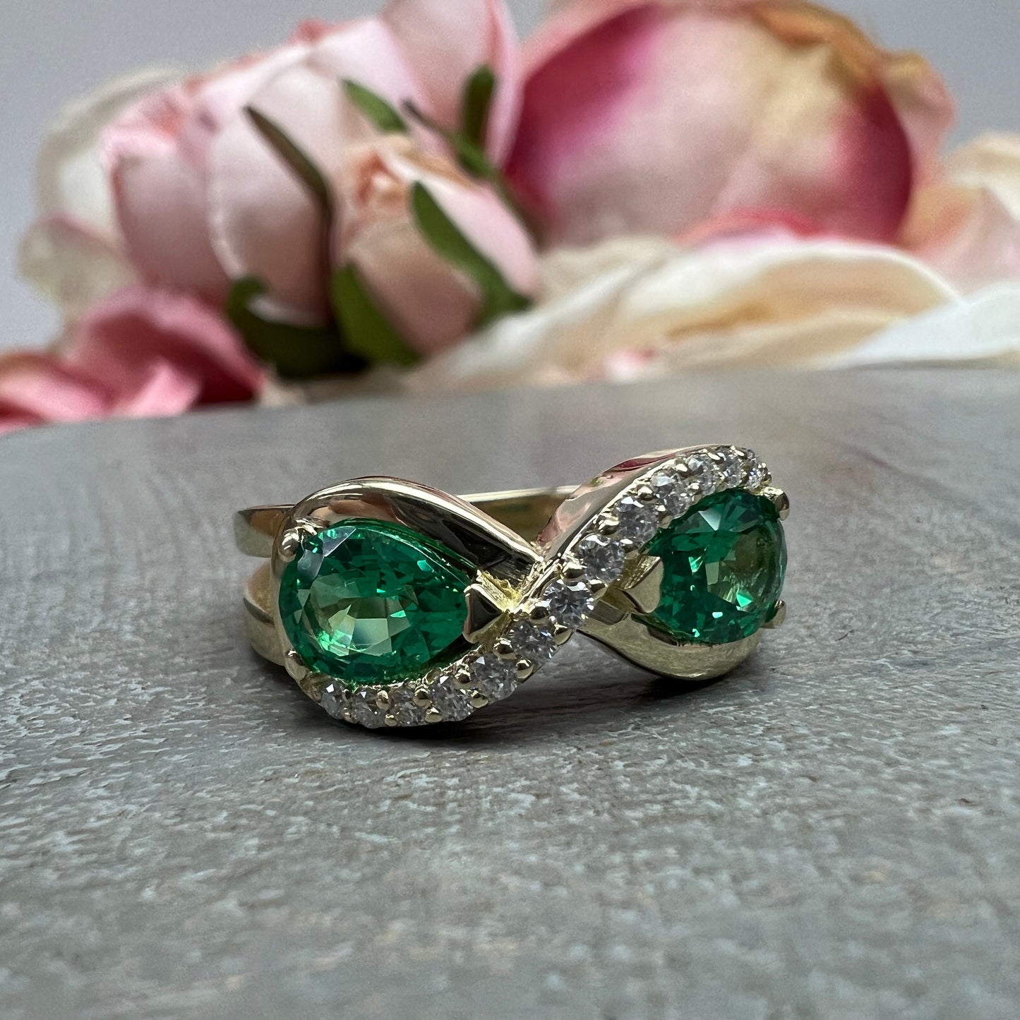 Pear Shaped Emerald Toi Et Moi Engagement Ring Yellow Gold Unique Infinity Design Pear Shape Emerald Wedding Anniversary Promise Ring #7375