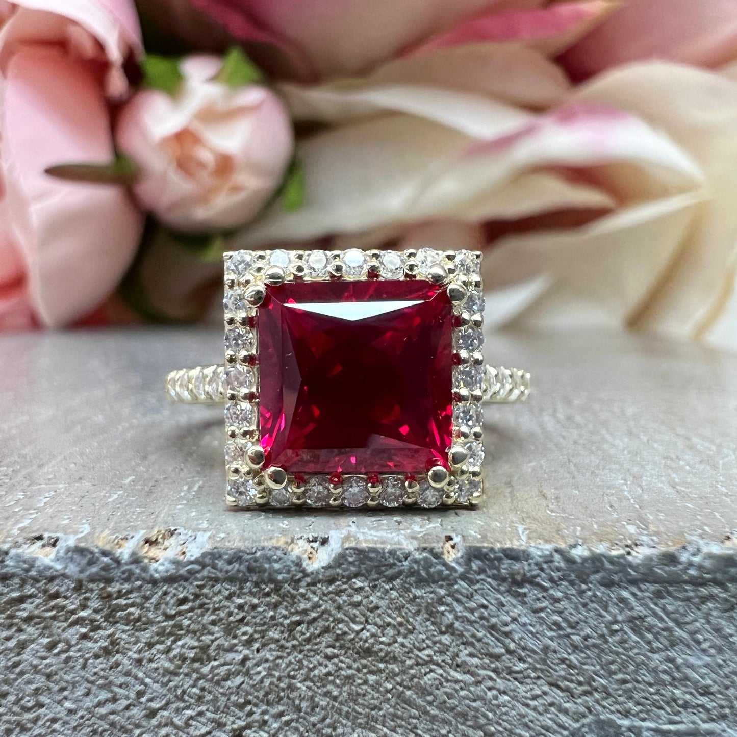 Vintage Ruby Princess Shaped Engagement Ring Yellow Gold Unique Gold Ruby Ring With Moissanite Halo Anniversary Promise Wedding Ring #7385