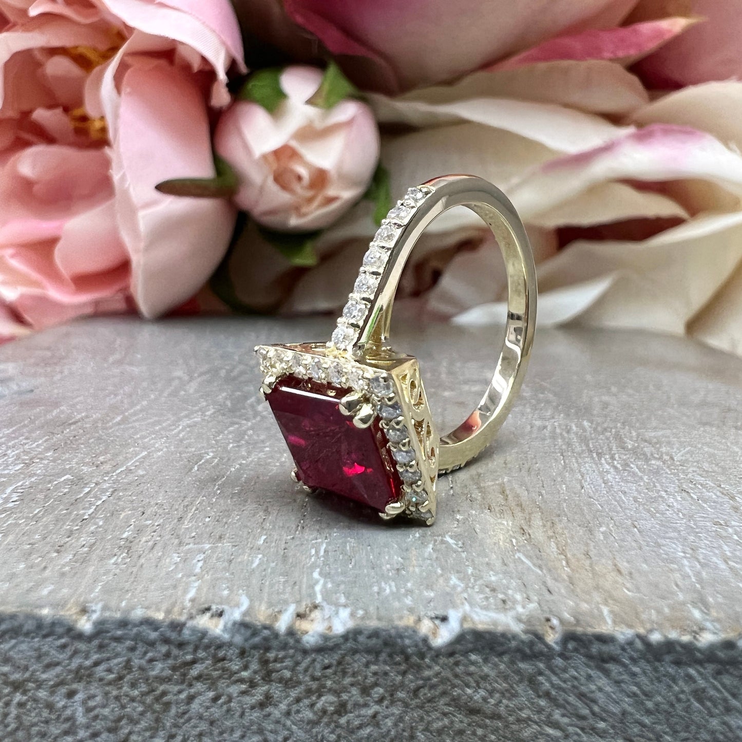 Vintage Ruby Princess Shaped  Engagement Ring Yellow Gold Unique Gold Ruby Ring With Moissanite Halo Anniversary Promise Wedding Ring  #7385