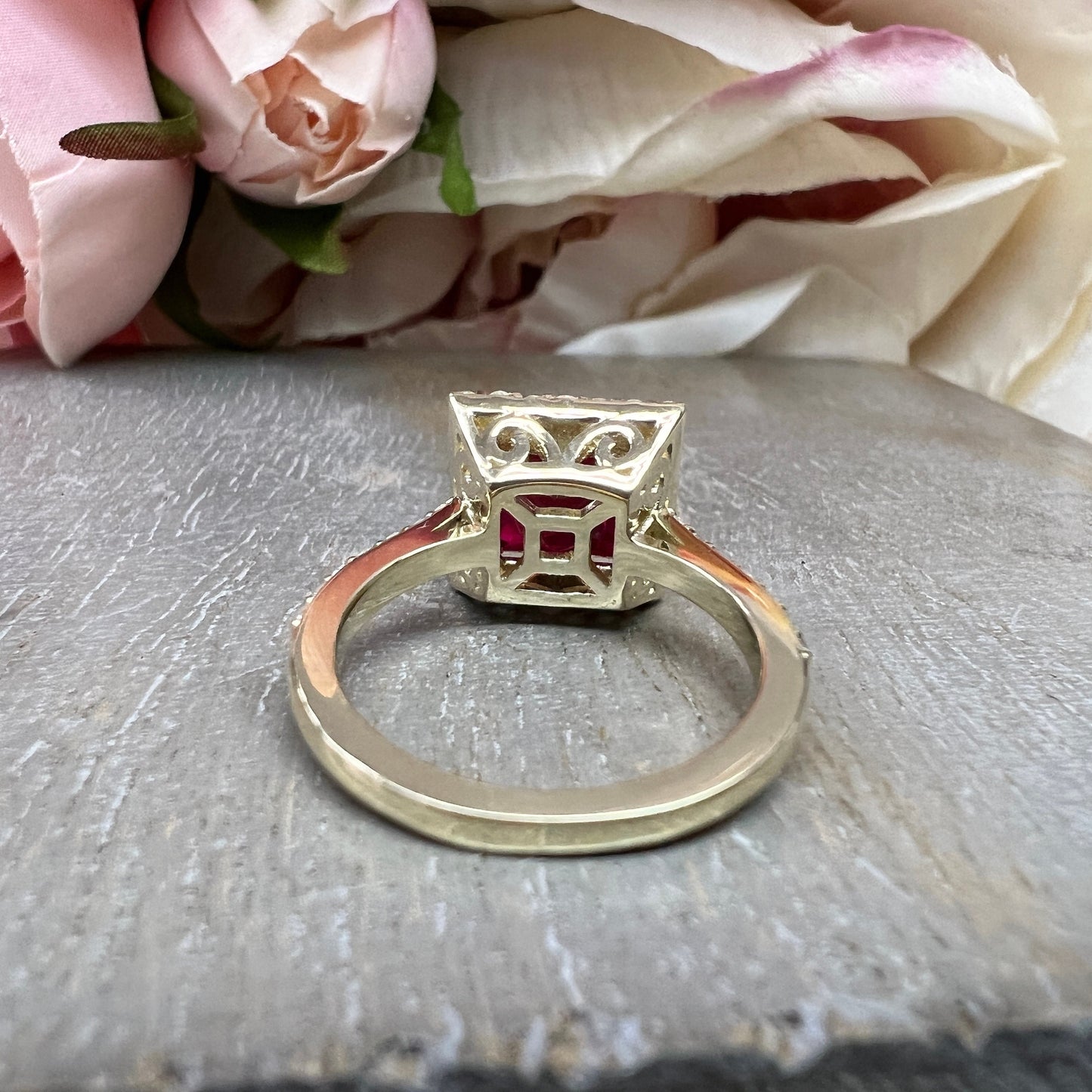 Vintage Ruby Princess Shaped  Engagement Ring Yellow Gold Unique Gold Ruby Ring With Moissanite Halo Anniversary Promise Wedding Ring  #7385