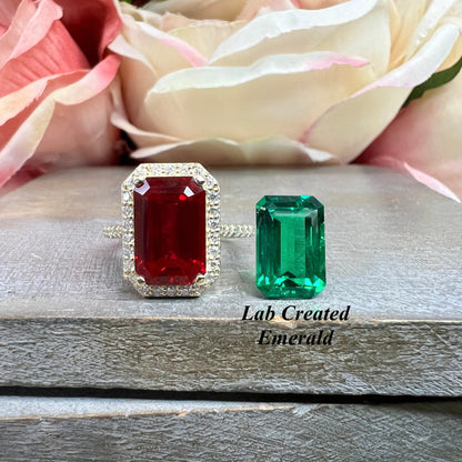 Vintage Ruby Elongated Emerald Engagement Ring Yellow Gold Unique Gold Ruby Ring With Moissanite Halo Anniversary Promise Wedding Ring #7386