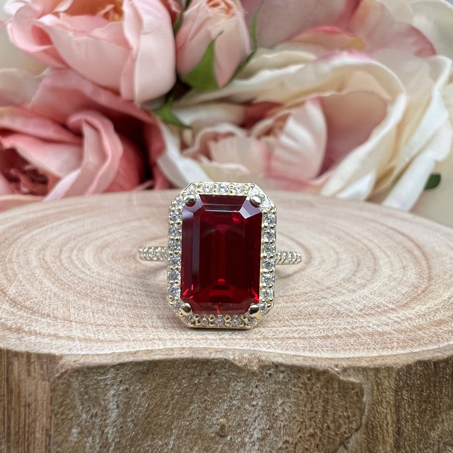 Vintage Ruby Elongated Emerald Engagement Ring Yellow Gold Unique Gold Ruby Ring With Moissanite Halo Anniversary Promise Wedding Ring #7386
