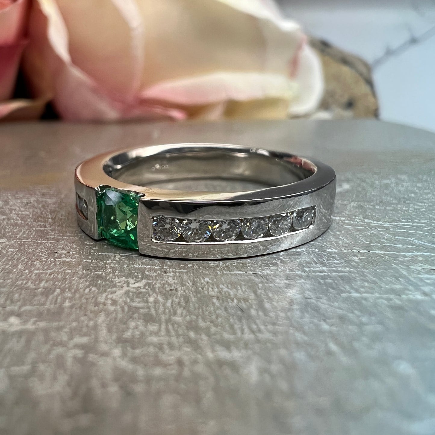 Mens Emerald and Moissanite Wedding Band White Gold Classic Mans Wedding Band Comfort Fit Mens Wedding Band White Gold Promise Ring   #7184