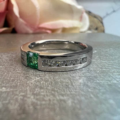 Mens Emerald and Moissanite Wedding Band White Gold Classic Mans Wedding Band Comfort Fit Mens Wedding Band White Gold Promise Ring   #7184