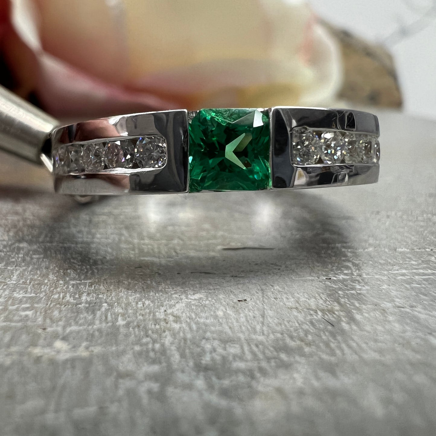 Mens Emerald and Moissanite Wedding Band White Gold Classic Mans Wedding Band Comfort Fit Mens Wedding Band White Gold Promise Ring   #7184