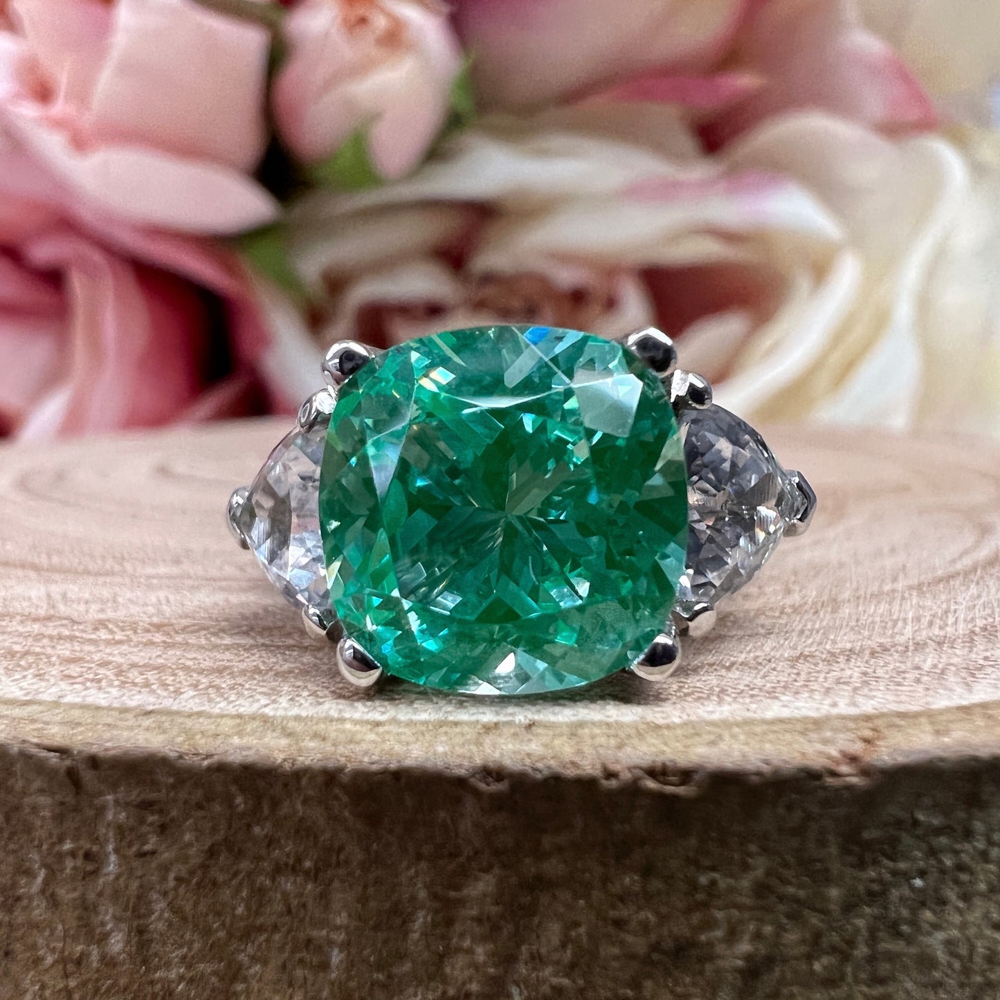 Cushion cut paraiba tourmaline engagement ring 14K white gold, three stone green unique vintage style paraiba tourmaline wedding ring, #7498