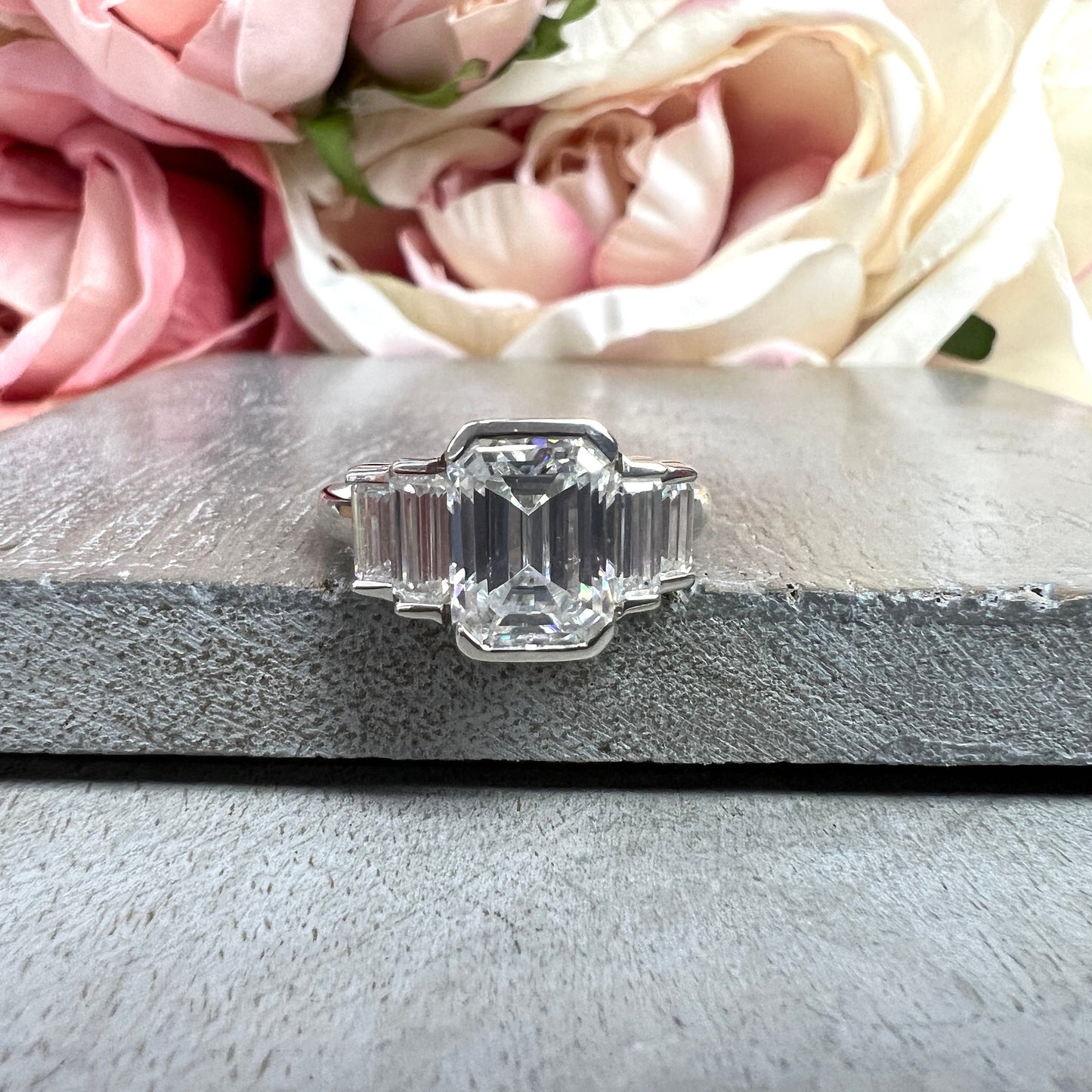 Emerald Cut Moissanite Engagement Ring For Ladies, 14k Gold Five Stone Bezel Set Moissanite Wedding Band, Moissanite Anniversary Band  #7107