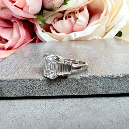 Emerald Cut Moissanite Engagement Ring For Ladies, 14k Gold Five Stone Bezel Set Moissanite Wedding Band, Moissanite Anniversary Band  #7107